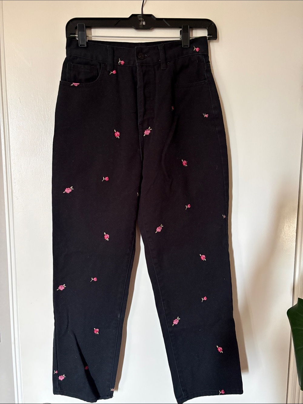 PacSun Black Jeans with Pink Rose Embroidery